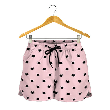 Black And Pink Cat Pattern Print Women's Shorts