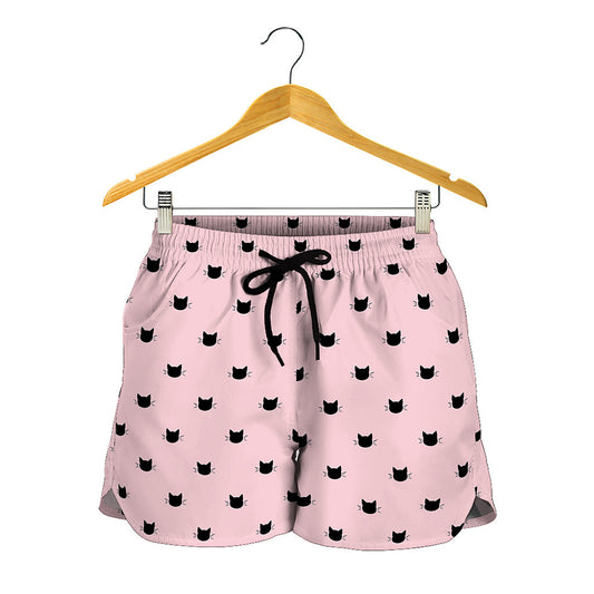 Black And Pink Cat Pattern Print Women's Shorts