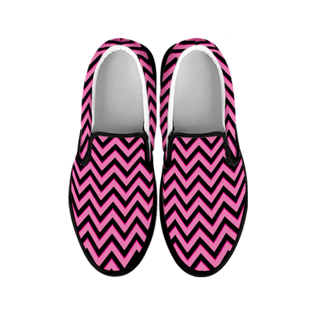 Black And Pink Chevron Pattern Print Black Slip On Shoes