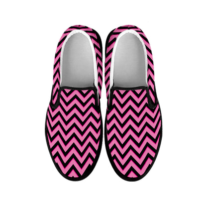 Black And Pink Chevron Pattern Print Black Slip On Shoes