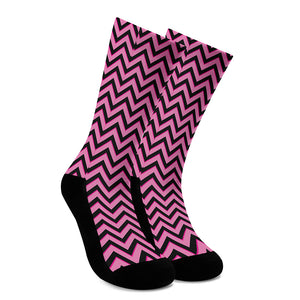 Black And Pink Chevron Pattern Print Crew Socks