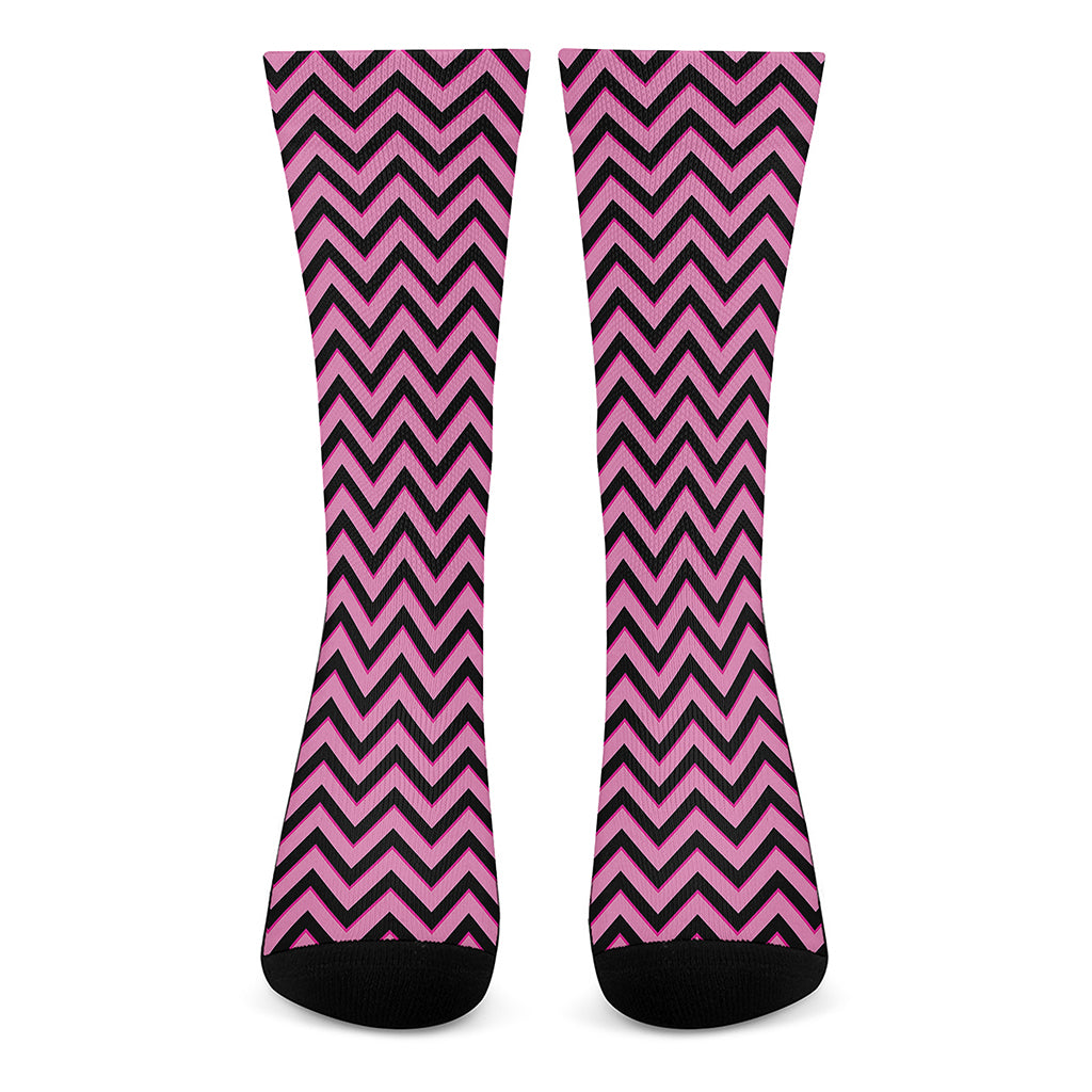 Black And Pink Chevron Pattern Print Crew Socks