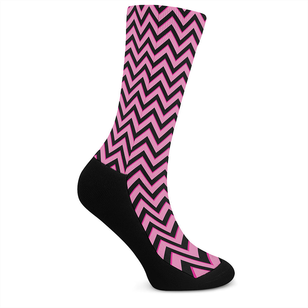 Black And Pink Chevron Pattern Print Crew Socks