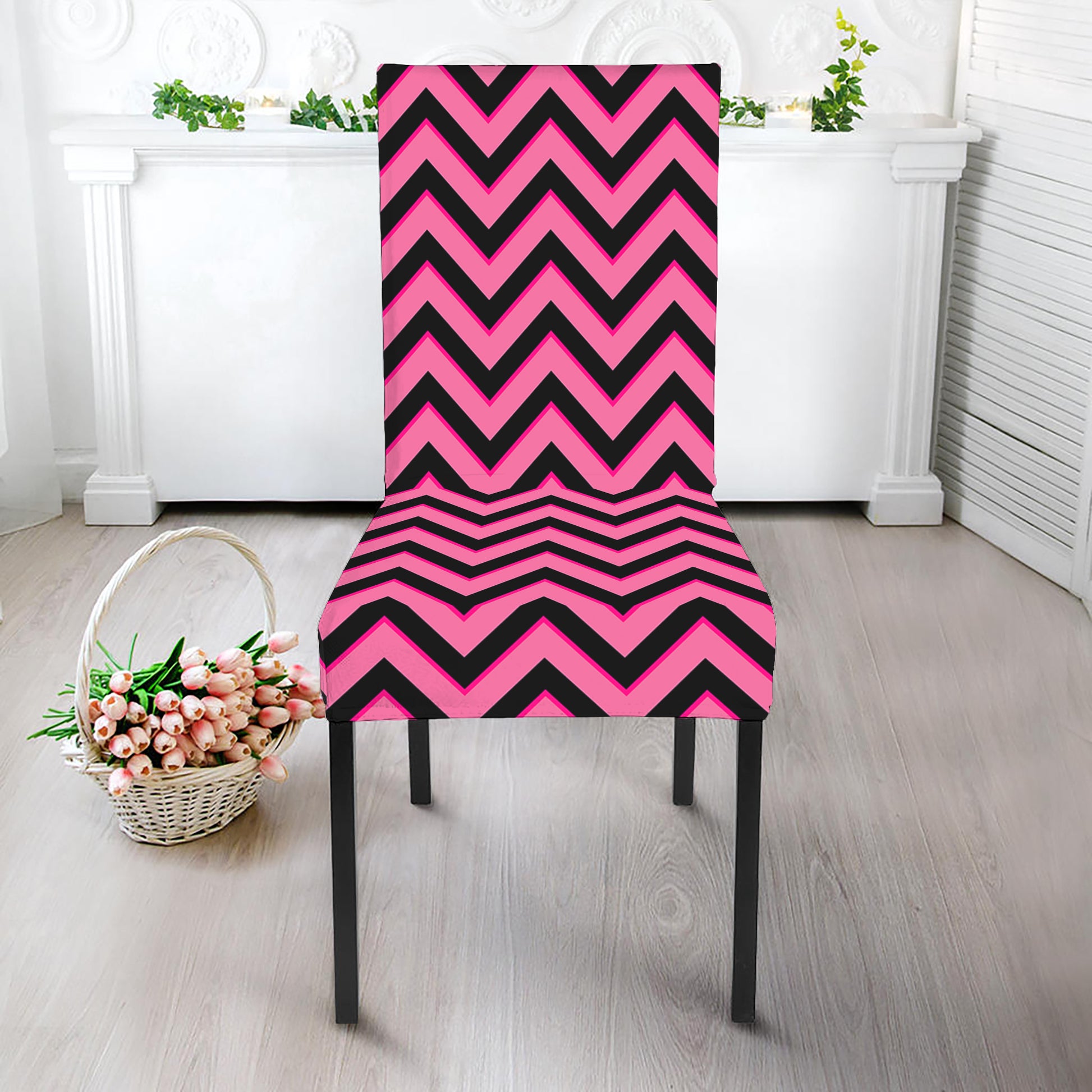 Black And Pink Chevron Pattern Print Dining Chair Slipcover