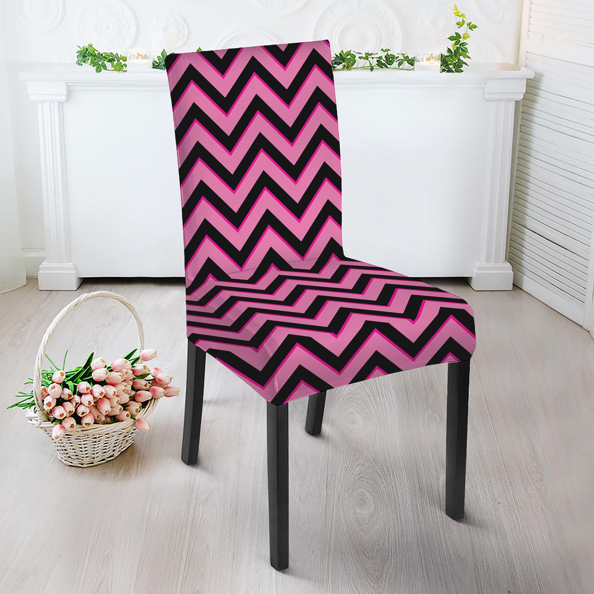 Black And Pink Chevron Pattern Print Dining Chair Slipcover