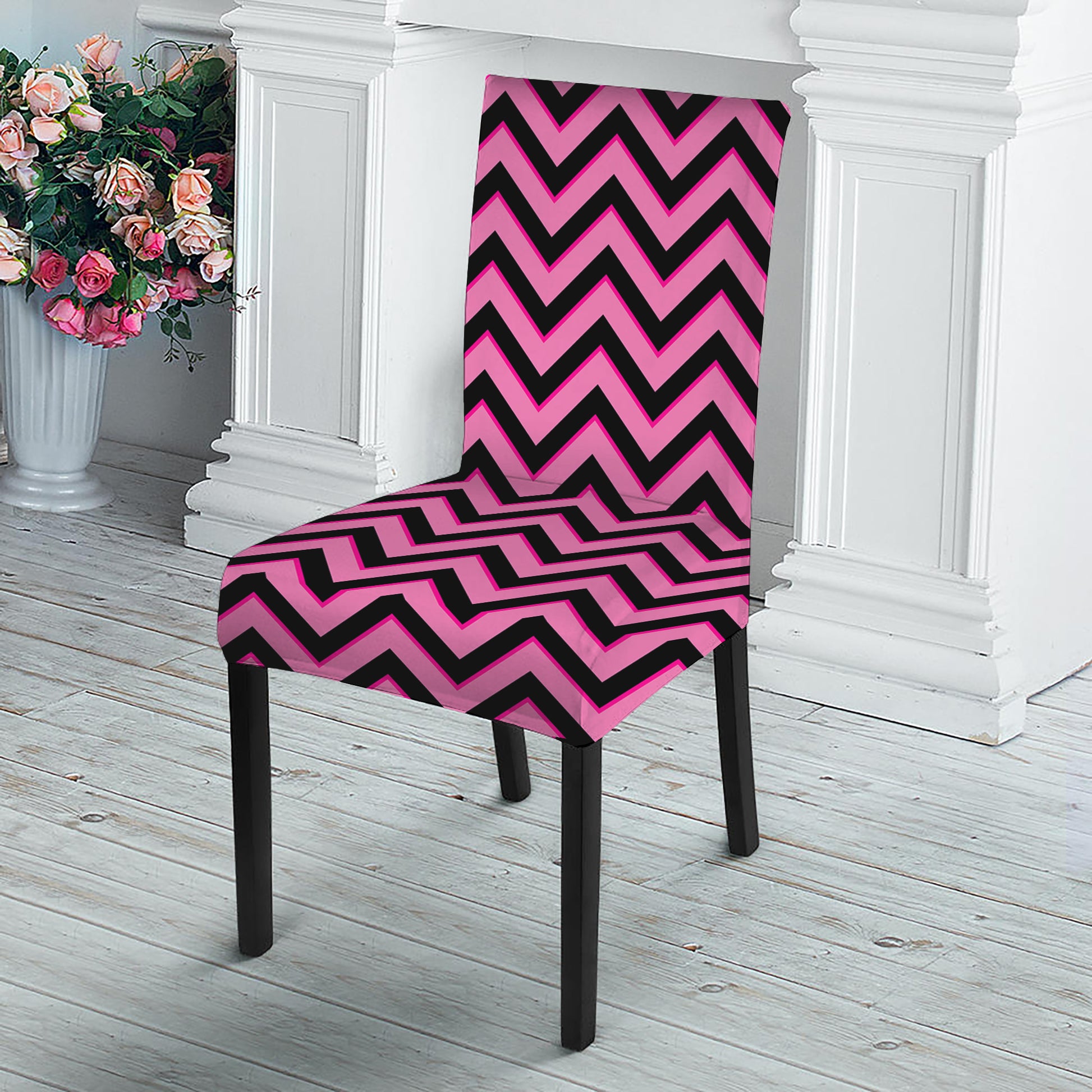 Black And Pink Chevron Pattern Print Dining Chair Slipcover