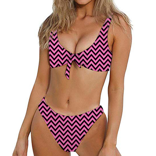 Black And Pink Chevron Pattern Print Front Bow Tie Bikini