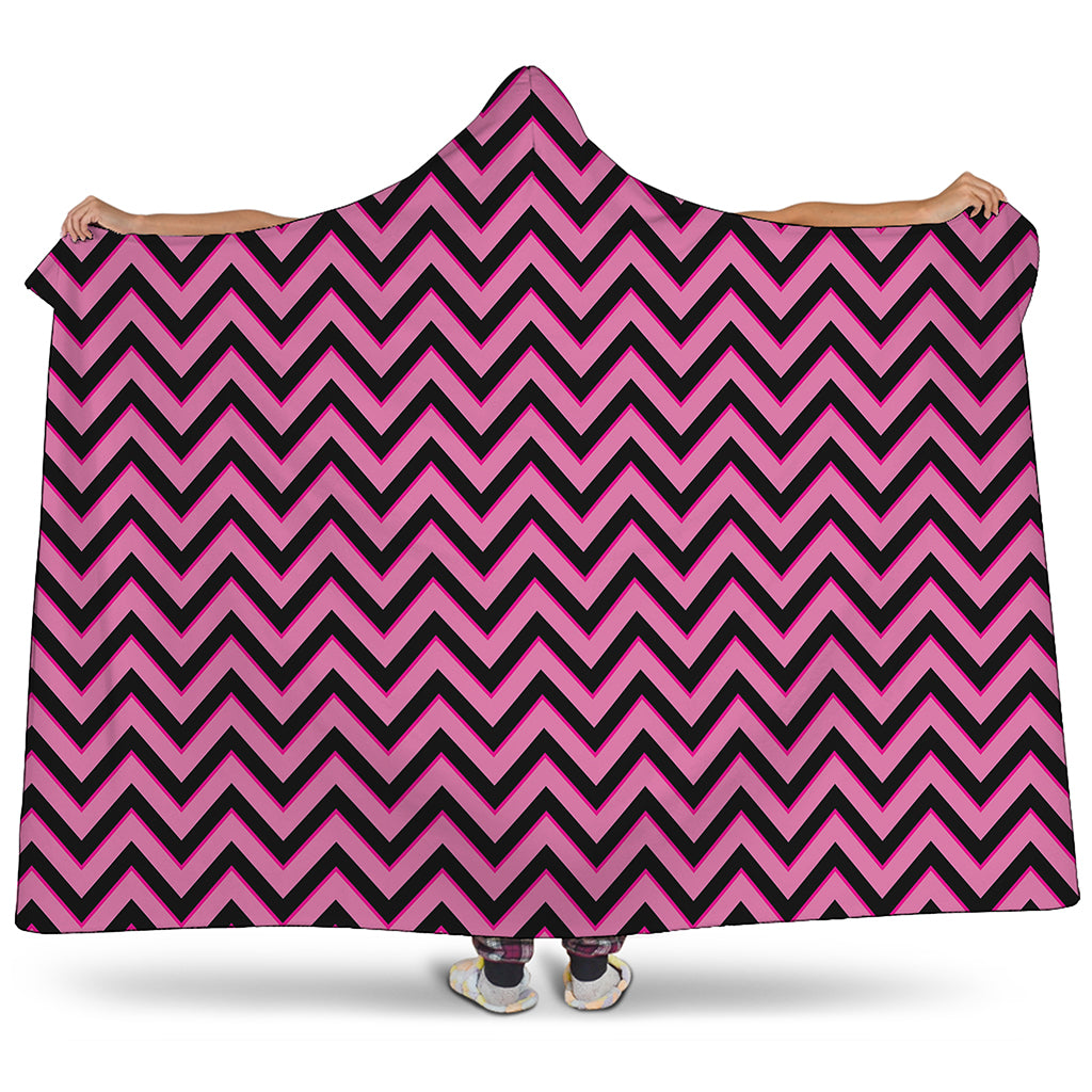 Black And Pink Chevron Pattern Print Hooded Blanket