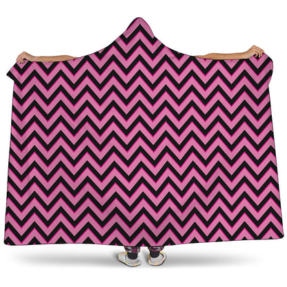 Black And Pink Chevron Pattern Print Hooded Blanket
