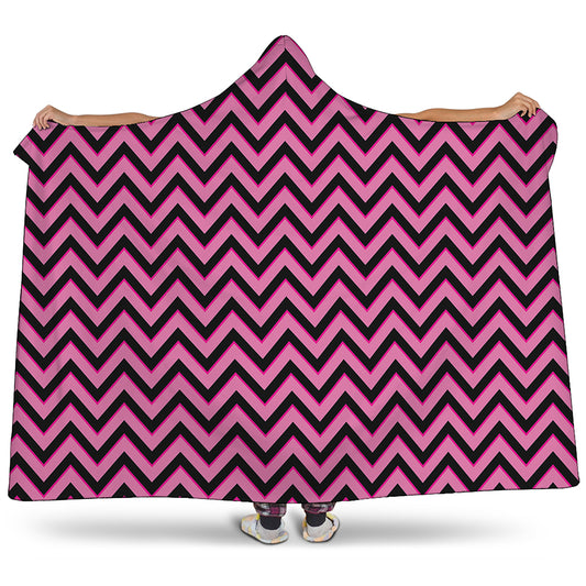Black And Pink Chevron Pattern Print Hooded Blanket
