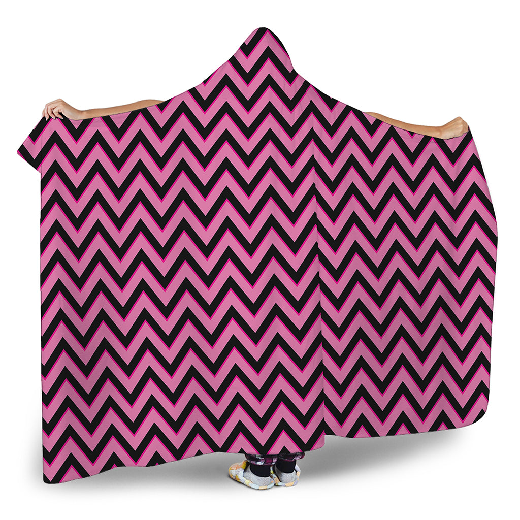 Black And Pink Chevron Pattern Print Hooded Blanket