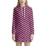 Black And Pink Chevron Pattern Print Hoodie Dress