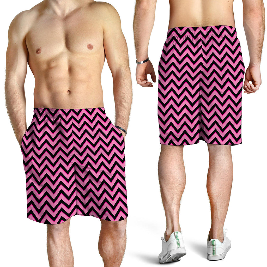 Black And Pink Chevron Pattern Print Men's Shorts