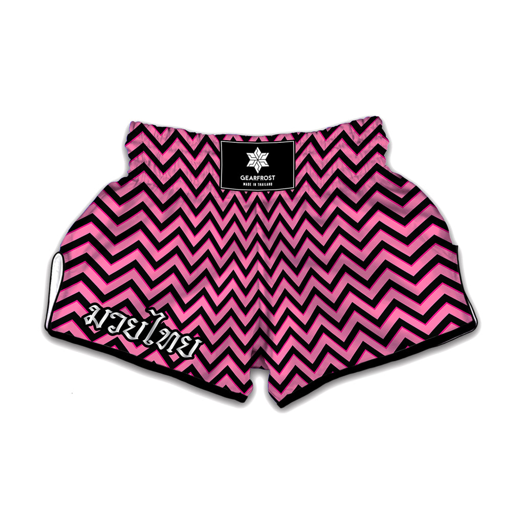 Black And Pink Chevron Pattern Print Muay Thai Boxing Shorts