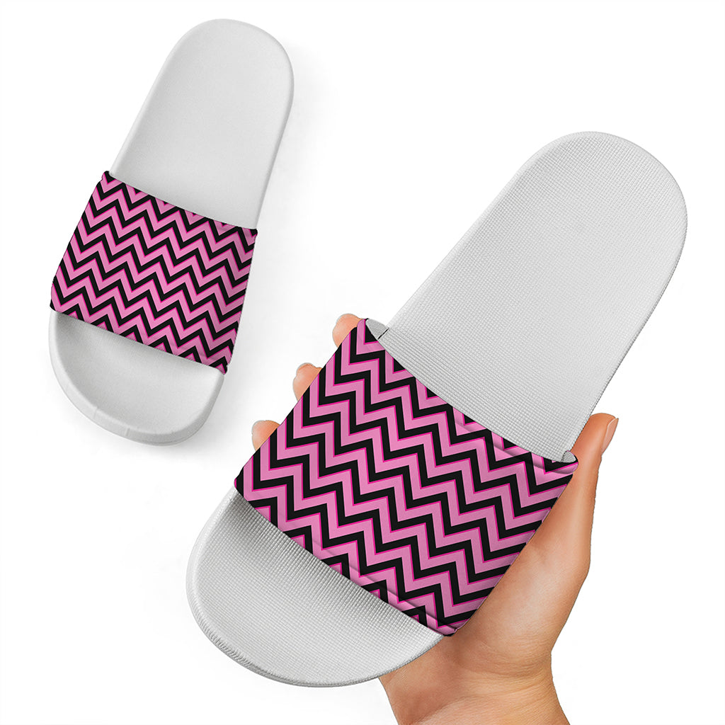 Black And Pink Chevron Pattern Print White Slide Sandals