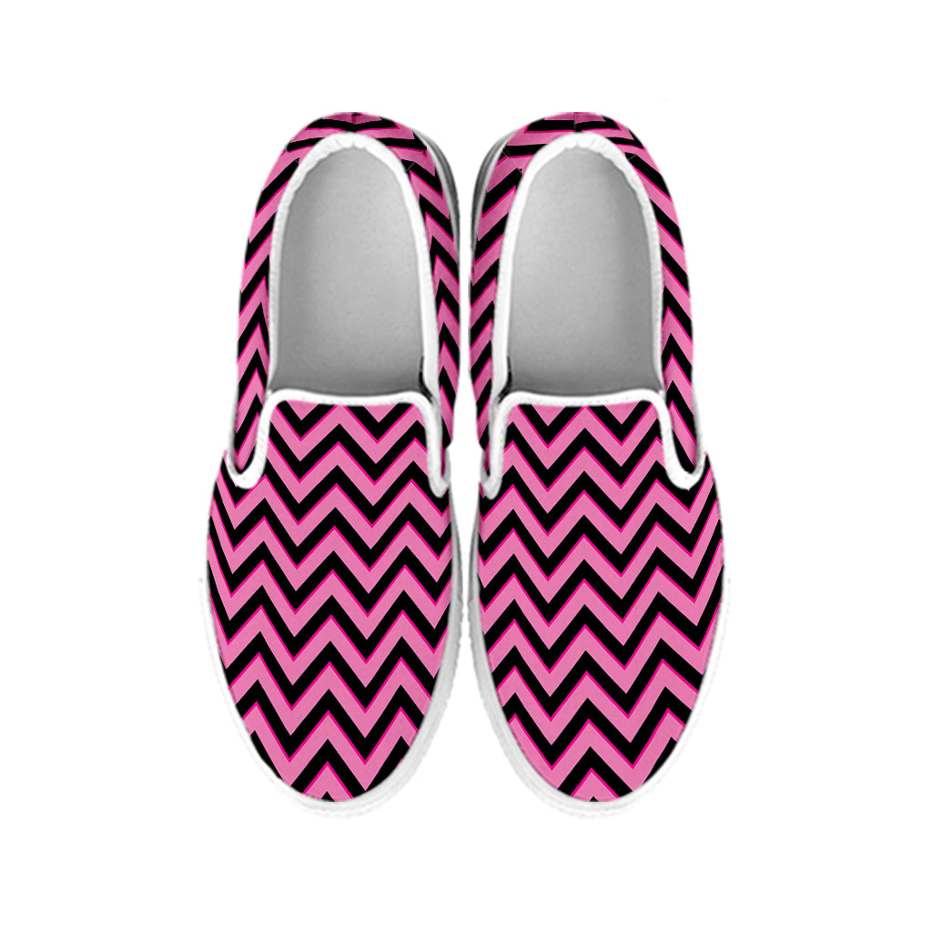 Black And Pink Chevron Pattern Print White Slip On Shoes