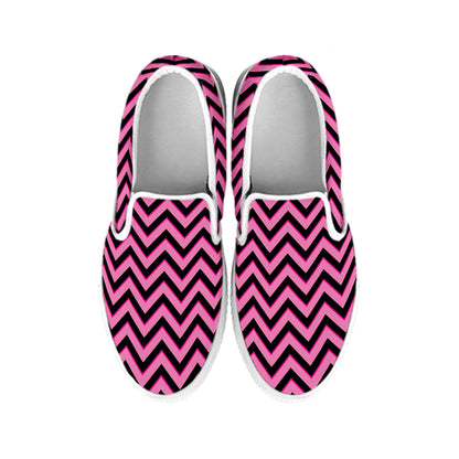Black And Pink Chevron Pattern Print White Slip On Shoes