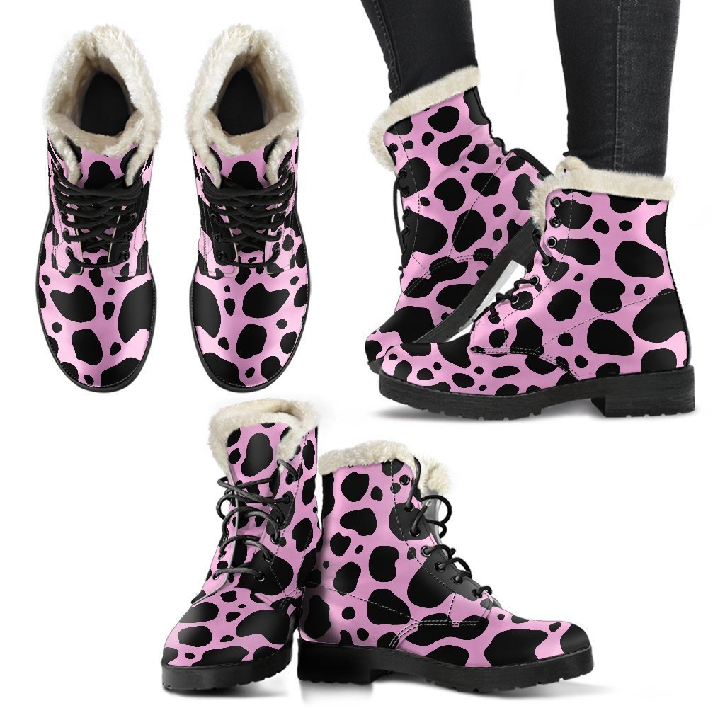 Black And Pink Cow Print Comfy Boots GearFrost