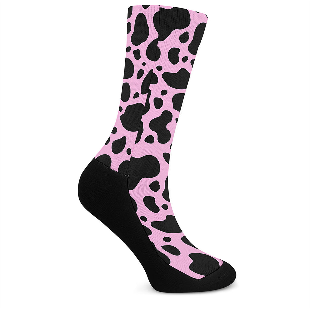 Black And Pink Cow Print Crew Socks