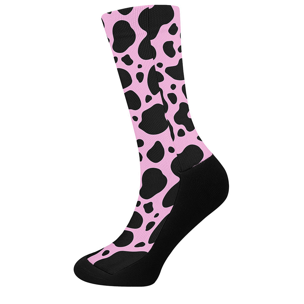 Black And Pink Cow Print Crew Socks