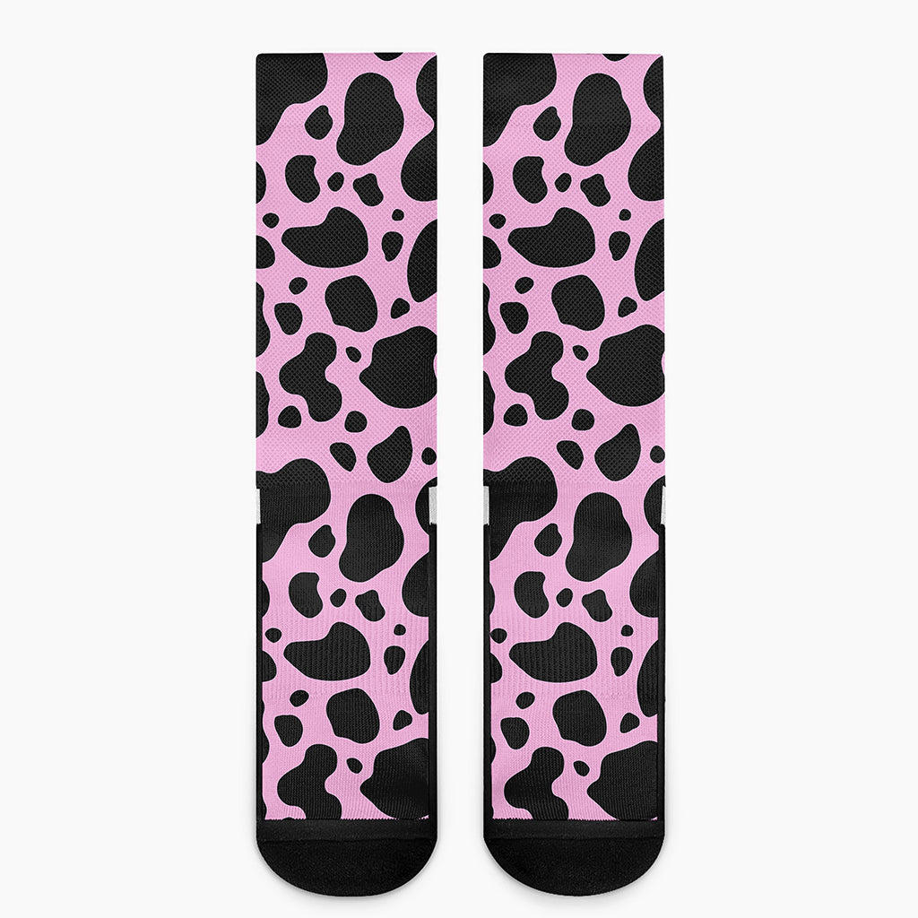 Black And Pink Cow Print Crew Socks