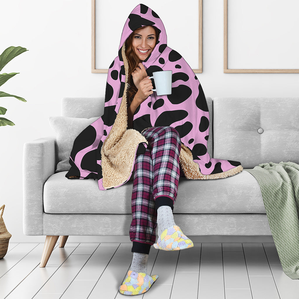 Black And Pink Cow Print Hooded Blanket