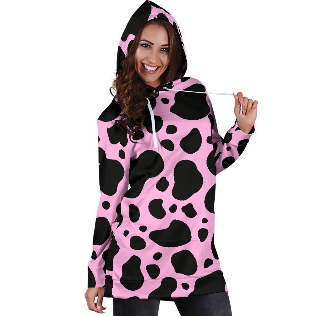 Black And Pink Cow Print Hoodie Dress GearFrost