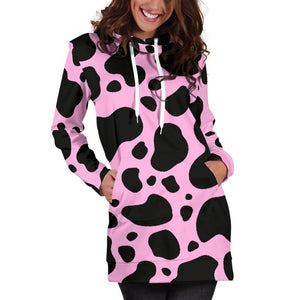 Black And Pink Cow Print Hoodie Dress GearFrost