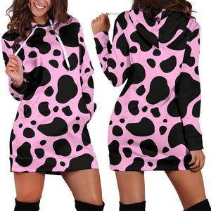 Black And Pink Cow Print Hoodie Dress GearFrost