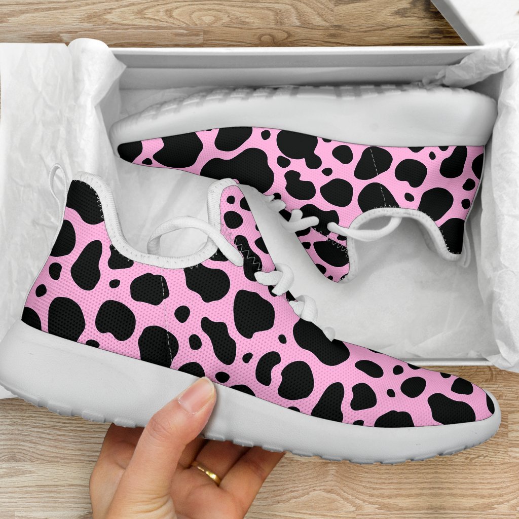 Black And Pink Cow Print Mesh Knit Shoes GearFrost