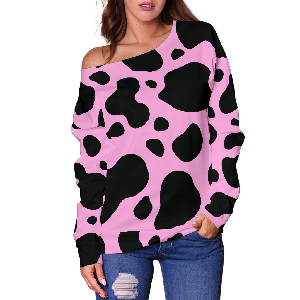 Black And Pink Cow Print Off Shoulder Sweatshirt GearFrost