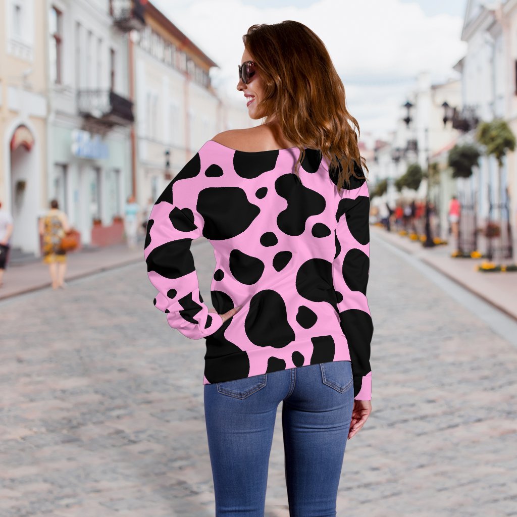 Black And Pink Cow Print Off Shoulder Sweatshirt GearFrost