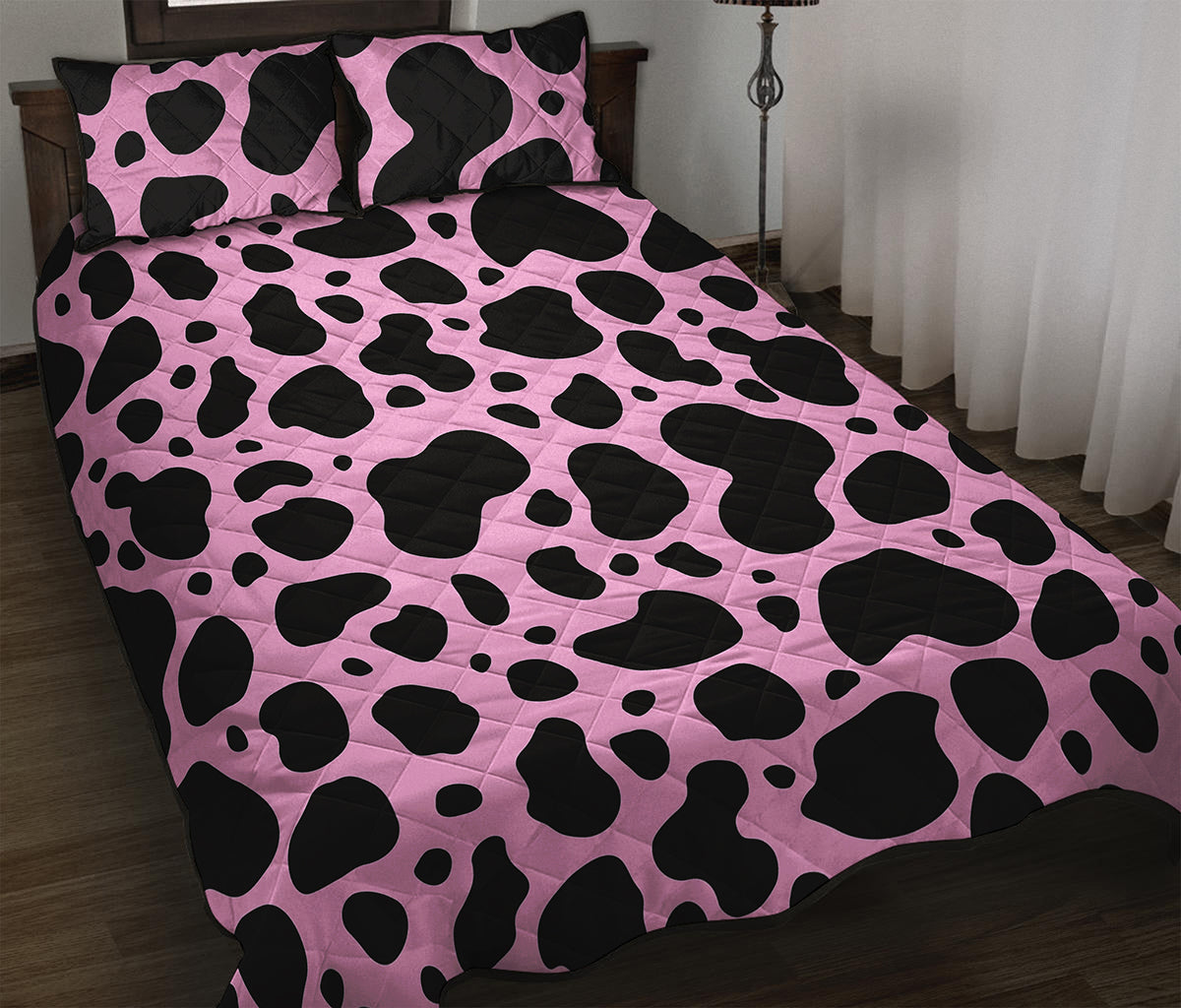 Black And Pink Cow Print Quilt Bed Set