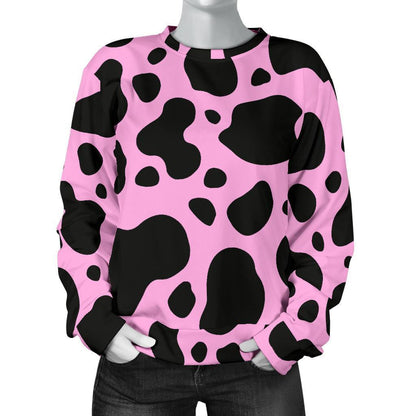 Black And Pink Cow Print Women's Crewneck Sweatshirt GearFrost