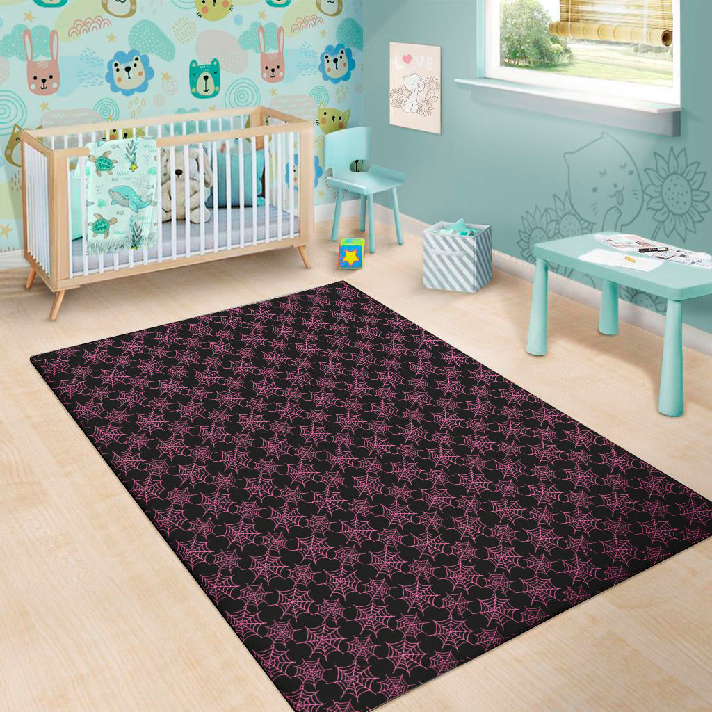 Black And Pink Spider Web Pattern Print Area Rug