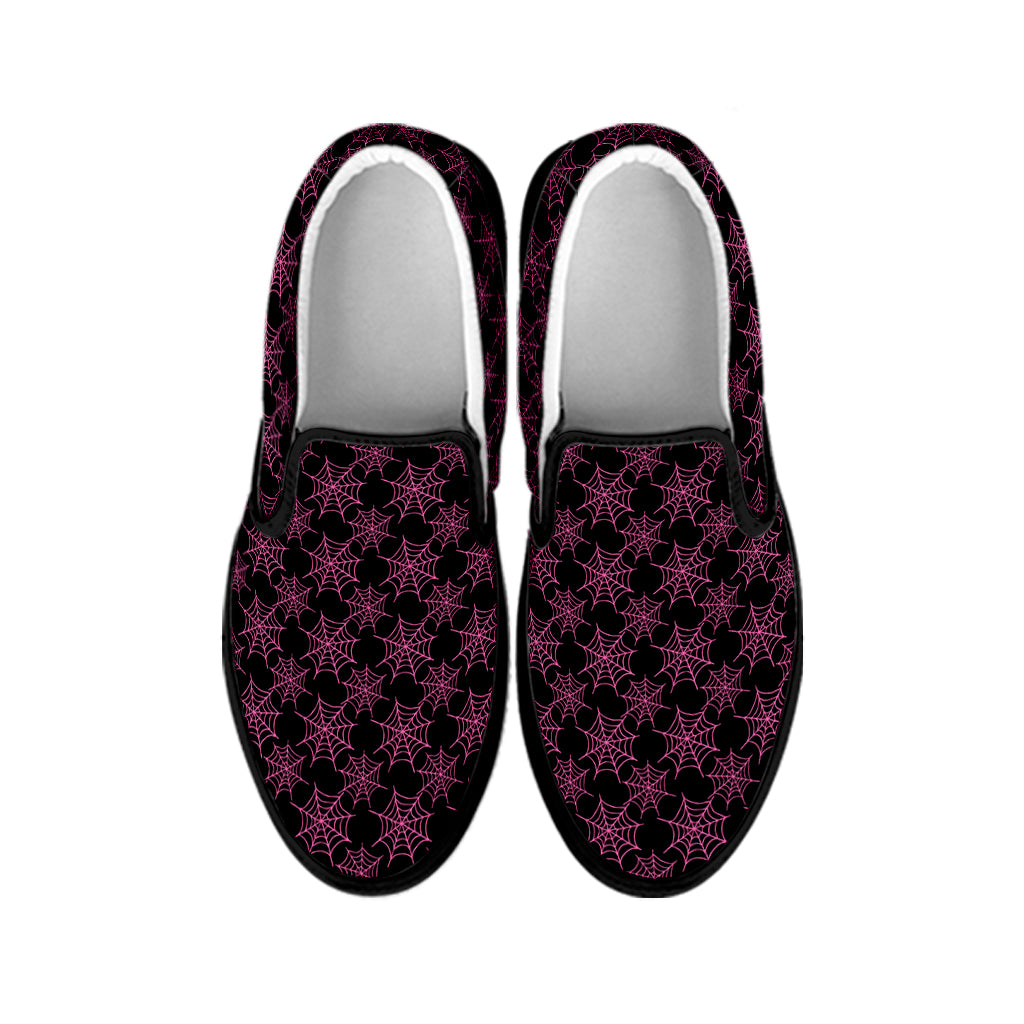 Black And Pink Spider Web Pattern Print Black Slip On Shoes