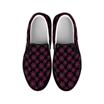 Black And Pink Spider Web Pattern Print Black Slip On Shoes