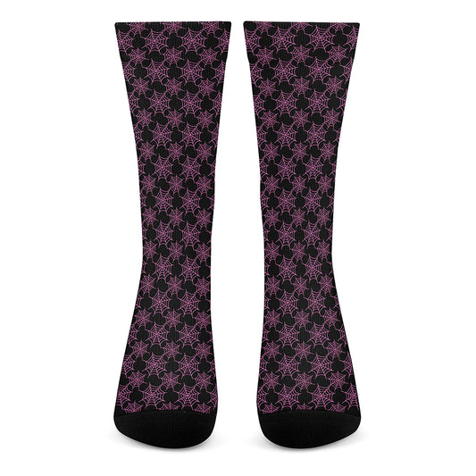 Black And Pink Spider Web Pattern Print Crew Socks
