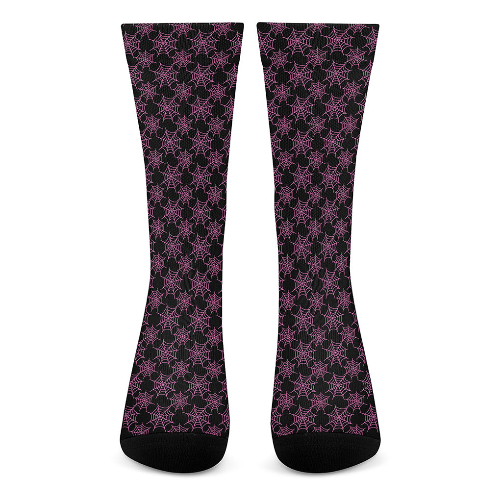 Black And Pink Spider Web Pattern Print Crew Socks