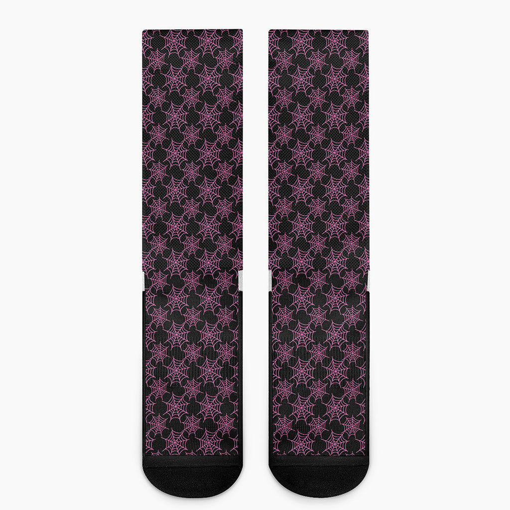 Black And Pink Spider Web Pattern Print Crew Socks