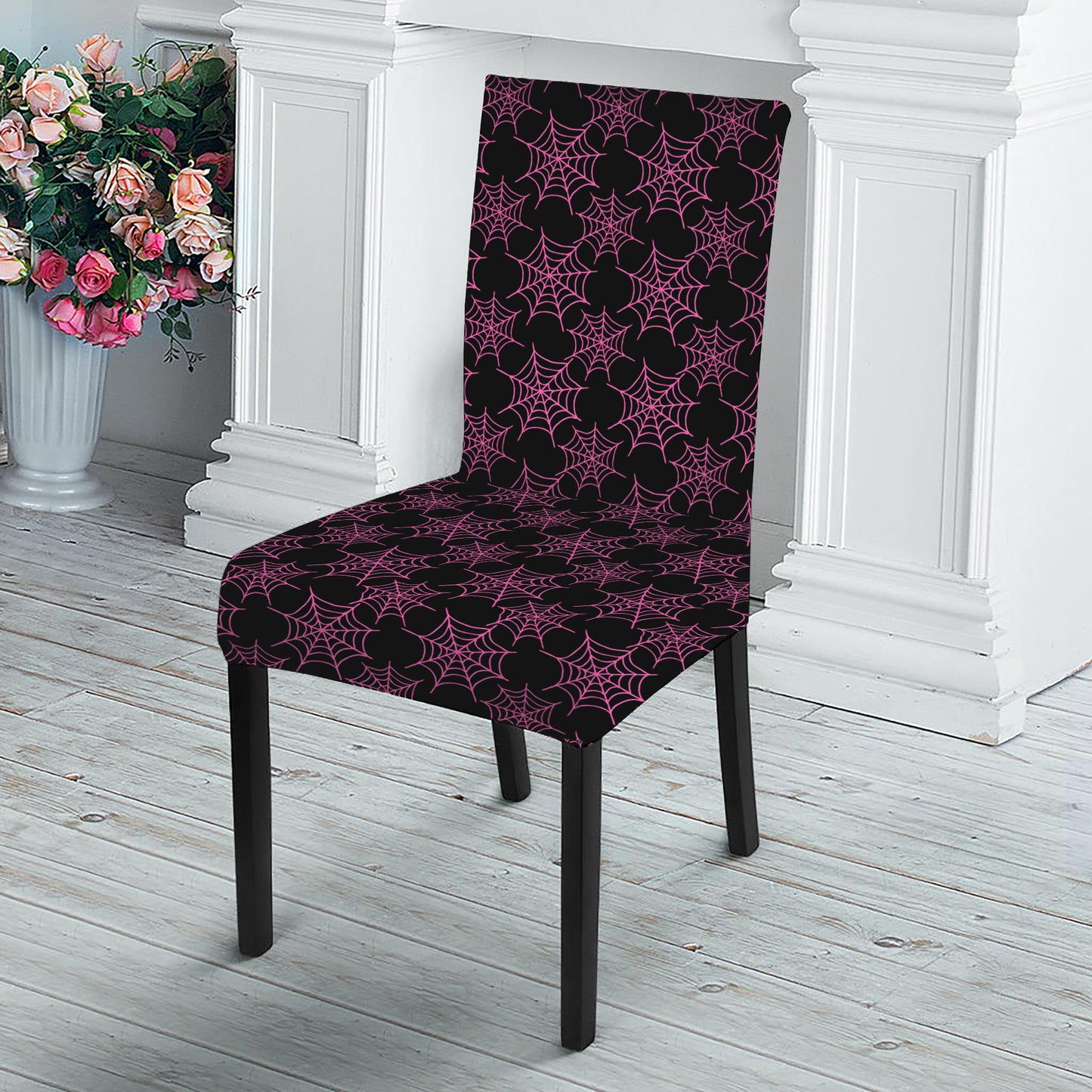 Black And Pink Spider Web Pattern Print Dining Chair Slipcover