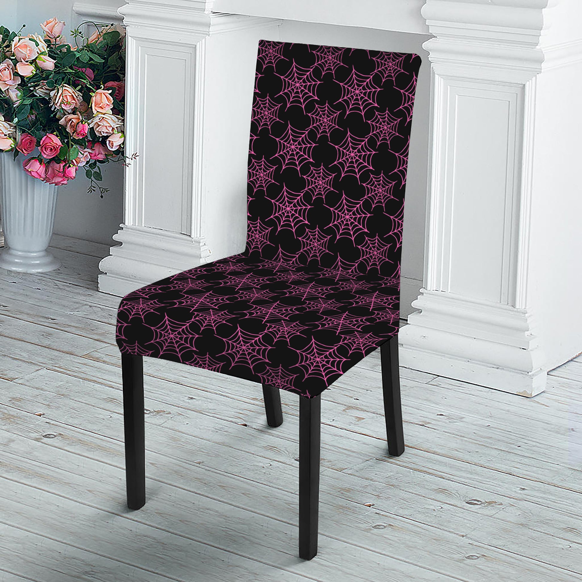 Black And Pink Spider Web Pattern Print Dining Chair Slipcover