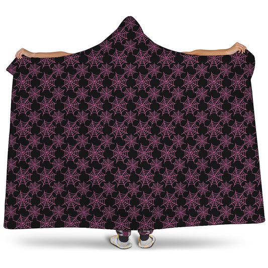 Black And Pink Spider Web Pattern Print Hooded Blanket