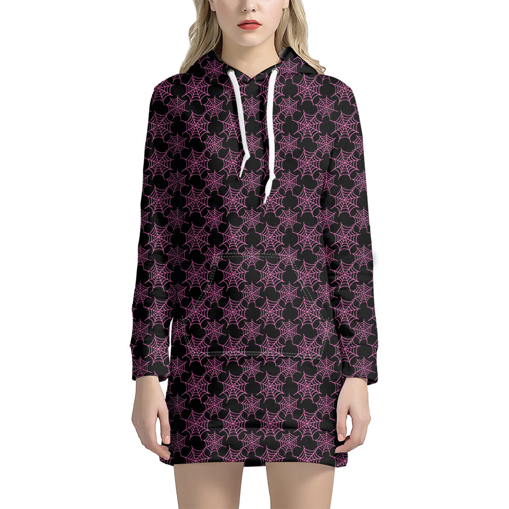 open lace back dress Black And Pink Spider Web Pattern Print Pullover Hoodie Dress – GearFrost