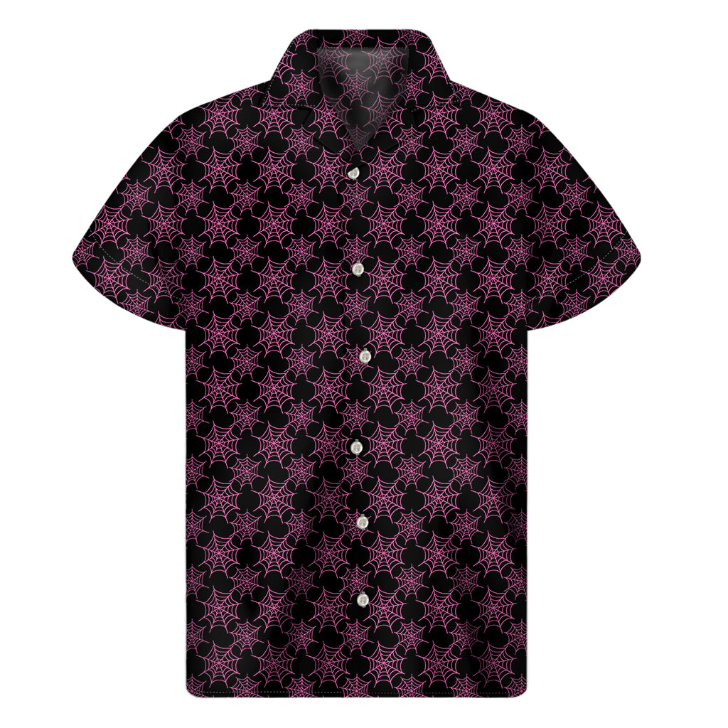Black And Pink Spider Web Pattern Print Men's Short Sleeve Shirt
