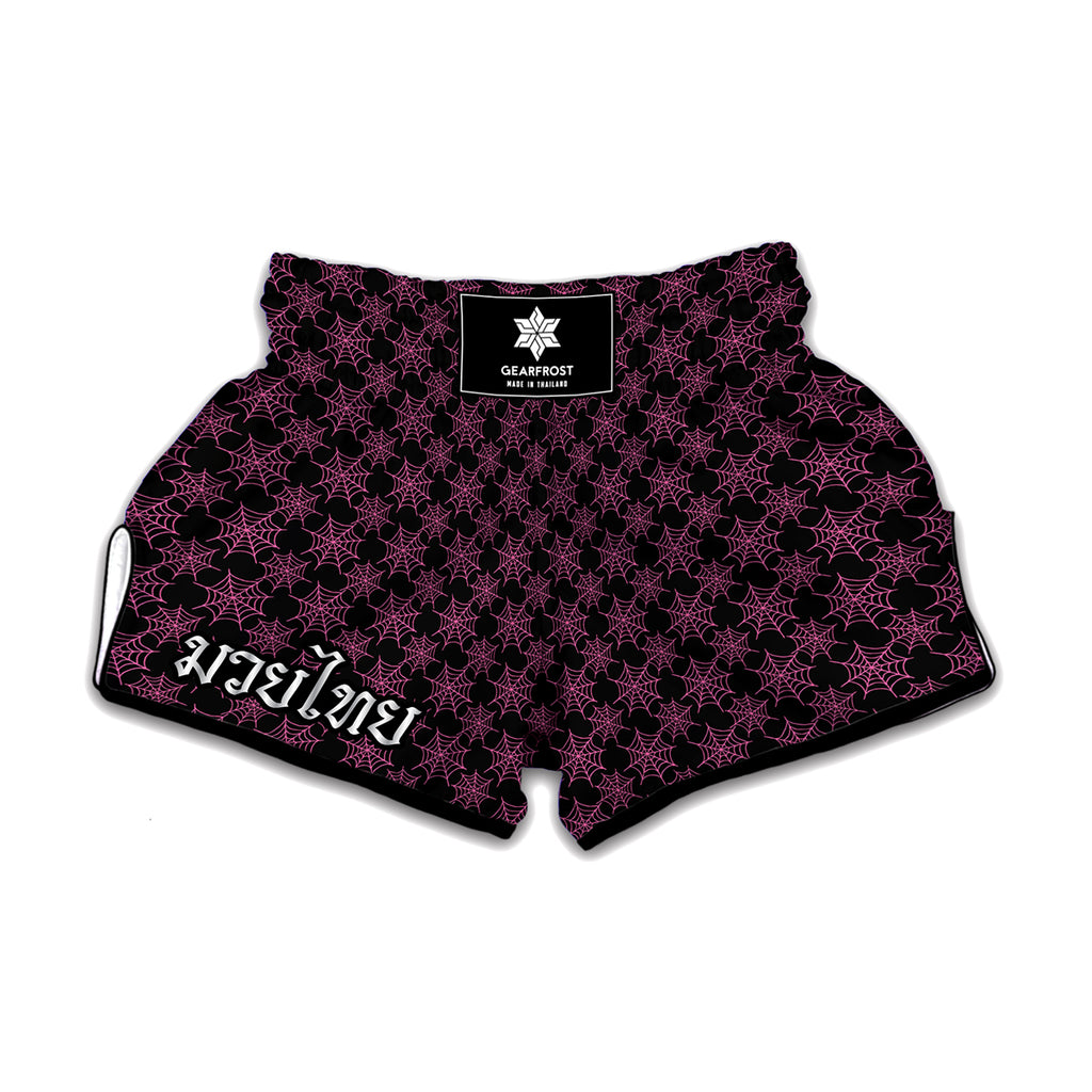 Black And Pink Spider Web Pattern Print Muay Thai Boxing Shorts