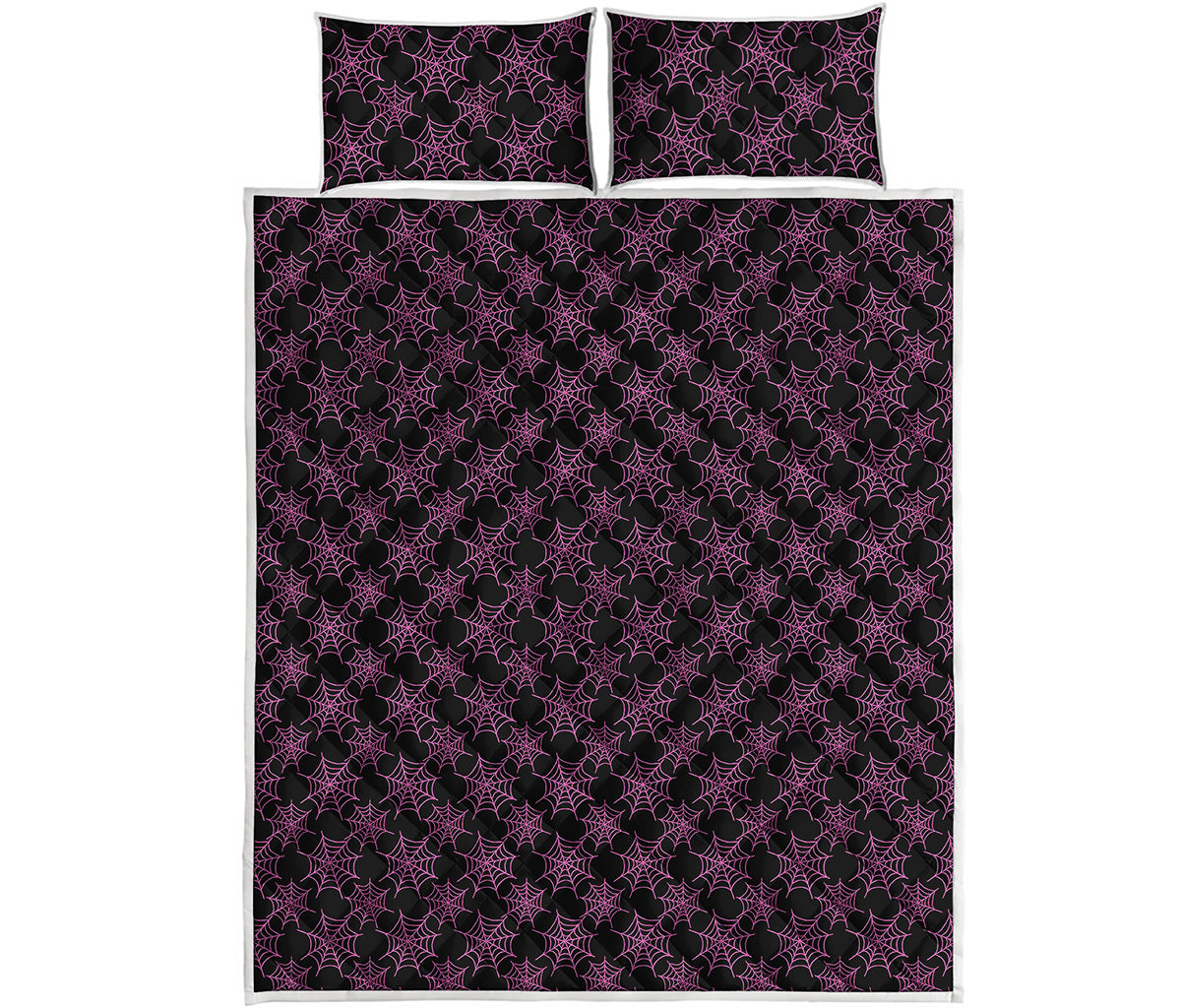 Black And Pink Spider Web Pattern Print Quilt Bed Set