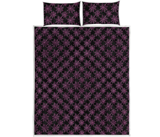 Black And Pink Spider Web Pattern Print Quilt Bed Set