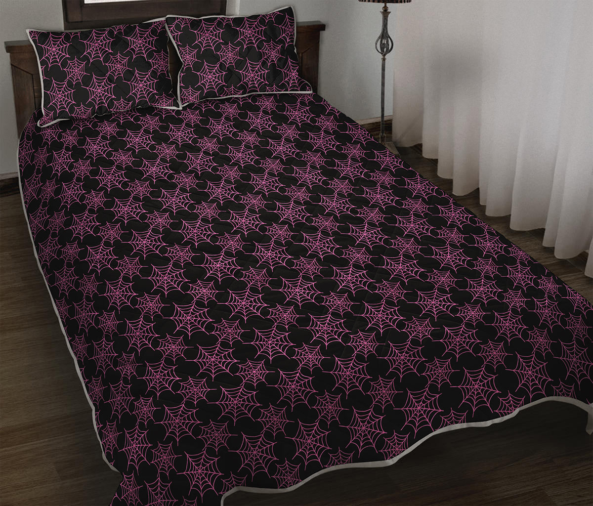 Black And Pink Spider Web Pattern Print Quilt Bed Set