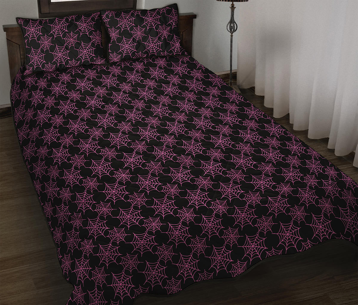 Black And Pink Spider Web Pattern Print Quilt Bed Set